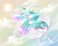 Size: 1200x950 | Tagged: dead source, safe, artist:cosmalumi, princess celestia, alicorn, pony, g4, cloud, eyes closed, female, flying, mare, missing accessory, sky, solo, spread wings, wings