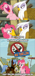 Size: 640x1376 | Tagged: source needed, safe, edit, edited screencap, screencap, gilda, pinkie pie, oc, oc:anypony, griffon, pony, g4, season 5, the lost treasure of griffonstone, comic, female, mare, phineas and ferb, screencap comic