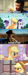 Size: 640x1688 | Tagged: safe, screencap, applejack, rarity, smart cookie, twilight sparkle, parasprite, g4, apple, cowboy hat, doctor who, hat, stetson