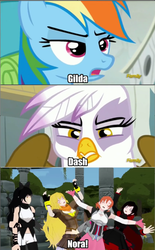 Size: 640x1035 | Tagged: safe, edit, edited screencap, screencap, gilda, rainbow dash, griffon, pony, g4, the lost treasure of griffonstone, blake belladonna, female, mare, nora valkyrie, ruby rose, rwby, yang xiao long