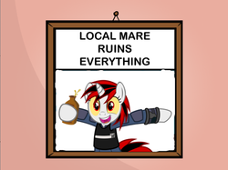 Size: 500x373 | Tagged: safe, oc, oc only, oc:blackjack, pony, unicorn, fallout equestria, fallout equestria: project horizons, alcohol, bottle, clothes, colored sclera, everything is ruined, fanfic, fanfic art, female, hooves, horn, jumpsuit, local mare ruins everything, mare, open mouth, pipbuck, queen whiskey, solo, teeth, text, vault suit, whiskey, yellow sclera