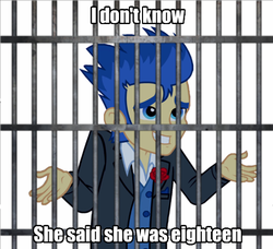 Size: 498x454 | Tagged: safe, flash sentry, equestria girls, g4, clothes, embarrassed, explicit source, image macro, implied jailbait, jail, male, meme, questioning