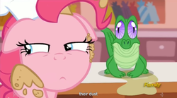 Size: 1278x713 | Tagged: safe, screencap, gummy, pinkie pie, g4, the lost treasure of griffonstone, meme, youtube caption