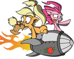 Size: 2500x2000 | Tagged: safe, artist:dfectivedvice, artist:pananovich, applejack, pinkie pie, g4, colored, duo, high res, riding, rocket, simple background, transparent background