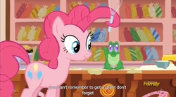 Size: 1279x713 | Tagged: safe, screencap, gummy, pinkie pie, g4, the lost treasure of griffonstone, meme, youtube caption
