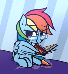 Size: 862x938 | Tagged: safe, artist:mostazathy, rainbow dash, pegasus, pony, g4, adorkable, bedroom eyes, book, cute, dashabetes, dork, female, fluffy, glasses, implied pregnancy, lens flare, looking at you, mare, prone, reading, smiling, solo, wing hands, wing hold