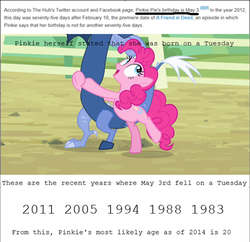 Size: 500x484 | Tagged: safe, discord, pinkie pie, g4, age, age progression, analysis, blue flu, facebook, headcanon, may 3rd, text