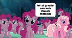 Size: 500x268 | Tagged: safe, edit, edited screencap, screencap, pinkie pie, pinkie pie (g3), earth pony, pony, g3, g4, too many pinkie pies, cave, cave pool, clone, female, male, mare, mirror pool, multeity, pinkie clone, send in the clones, that cute clone, the simpsons, too much pink energy is dangerous