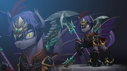 Size: 1920x1080 | Tagged: safe, artist:1jaz, oc, oc only, oc:midnight blossom, bat pony, pony, armor, clothes, cosplay, dynasty warriors, female, looking at you, lu lingqi, mare, raised hoof, solo, weapon