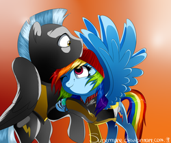 Size: 1181x984 | Tagged: safe, artist:supermare, rainbow dash, thunderlane, pegasus, pony, g4, beanie, clothes, cole macgrath, crossover, cute, dashabetes, delsin rowe, female, hat, infamous, infamous second son, male, mare, shipping, stallion, straight, thunderdash, video game