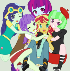 Size: 792x800 | Tagged: safe, artist:imtailsthefoxfan, blueberry cake, drama letter, mystery mint, starlight, sunset shimmer, watermelody, equestria girls, g4, anime, background human, beret, cute, dramabetes, group, group hug, hat, mysterybetes, quintet, shimmerbetes