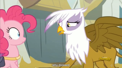 Size: 1279x714 | Tagged: safe, screencap, gilda, pinkie pie, griffon, g4, the lost treasure of griffonstone, discovery family logo, meme, we don't normally wear clothes, youtube caption