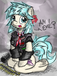 Size: 1000x1330 | Tagged: safe, artist:flutterthrash, coco pommel, earth pony, anthro, semi-anthro, unguligrade anthro, g4, anthrax, arm hooves, bullet belt, diamond head, female, metal, metalhead, solo, song reference, spiked wristband, thrash metal, underhoof, wristband
