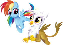 Size: 600x425 | Tagged: safe, artist:kaizerin, gilda, rainbow dash, griffon, pegasus, pony, g4, the lost treasure of griffonstone, blank flank, chickub, duo, female, filly, filly rainbow dash, younger