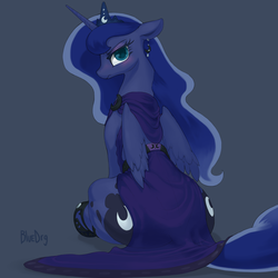 Size: 2048x2048 | Tagged: safe, artist:bluedrg19, princess luna, alicorn, pony, blushing, both cutie marks, clothes, crown, cute, dress, earring, eyeshadow, female, floppy ears, frown, glare, high res, jewelry, looking at you, looking back, looking back at you, lunabetes, mare, moonbutt, piercing, plot, profile, rear view, regalia, simple background, sitting, solo, unamused