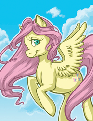 Size: 638x825 | Tagged: safe, artist:goldfischen, fluttershy, g4, cloud, cloudy, female, sky, smiling, solo, windswept mane