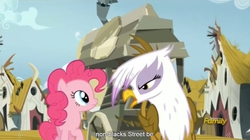 Size: 1277x713 | Tagged: safe, screencap, gilda, pinkie pie, griffon, g4, the lost treasure of griffonstone, meme, youtube caption