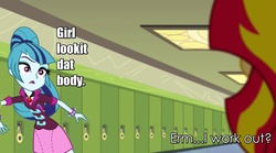 Size: 1280x714 | Tagged: safe, edit, edited screencap, screencap, sonata dusk, sunset shimmer, equestria girls, g4, rainbow rocks, caption, gawking, image macro, lmfao, lyrics, meme, sexy and i know it (lmfao), ship:sunata, shipping, song reference