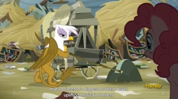 Size: 1277x712 | Tagged: safe, screencap, gilda, pinkie pie, griffon, g4, the lost treasure of griffonstone, lack of uplifting musical numbers, meme, youtube caption
