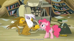 Size: 1278x714 | Tagged: safe, screencap, gilda, pinkie pie, griffon, g4, the lost treasure of griffonstone, griffon scone, meme, youtube caption