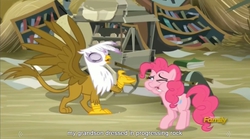 Size: 1279x713 | Tagged: safe, screencap, gilda, pinkie pie, griffon, g4, the lost treasure of griffonstone, griffon scone, meme, youtube caption