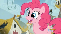 Size: 1276x714 | Tagged: safe, screencap, pinkie pie, pony, g4, the lost treasure of griffonstone, broken teeth, meme, solo, teeth, youtube caption