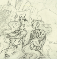 Size: 1132x1167 | Tagged: safe, artist:skybounddeos, princess celestia, princess luna, g4, monochrome, sketch, traditional art