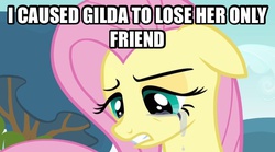 Size: 606x337 | Tagged: safe, screencap, fluttershy, g4, hurricane fluttershy, the lost treasure of griffonstone, crying, dialogue, female, image macro, lies, meme, solo