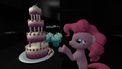Size: 1280x720 | Tagged: safe, artist:frankmanha, cup cake, pinkie pie, g4, 3d, cake, desire, gmod, licking, licking lips, reaching, tongue out, want