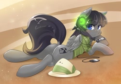 Size: 1280x889 | Tagged: safe, artist:freedomthai, daring do, oc, oc only, oc:precious, pegasus, pony, g4, butt, clothes, cosplay, dock, female, hat, headphones, ipod, looking at you, looking back, lying down, pith helmet, plot, prone, solo