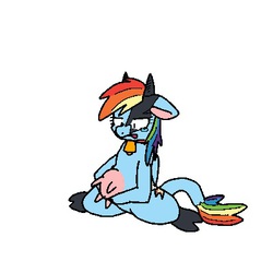 Size: 400x400 | Tagged: safe, artist:epicacrylic, artist:kushina13, rainbow dash, oc, oc:raincow dash, cow, g4, bell, bell collar, cloven hooves, collar, cowbell, female, pegacow, rainbovine dash, simple background, solo, teary eyes, udder, white background