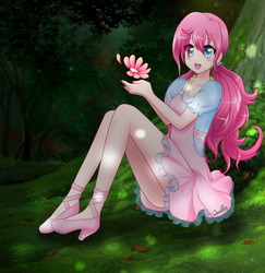 Size: 2571x2640 | Tagged: safe, artist:srtagiuu, pinkie pie, human, g4, blushing, clothes, cute, diapinkes, dress, eye clipping through hair, female, flower, forest, high res, humanized, looking at you, sitting, solo, srtagiuu is trying to murder us