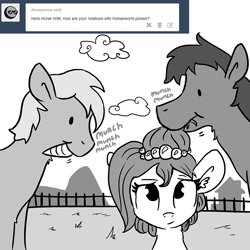 Size: 900x900 | Tagged: safe, artist:tjpones, oc, oc only, oc:brownie bun, horse, pony, horse wife, ask, carrot, food, horse-pony interaction, horses doing horse things, monochrome, onomatopoeia, tumblr
