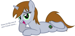 Size: 4595x2229 | Tagged: safe, artist:zacatron94, oc, oc only, oc:littlepip, pony, unicorn, fallout equestria, bedroom eyes, comic, crossed legs, draw me like one of your french girls, fanfic, fanfic art, female, high res, hooves, horn, mare, open mouth, prone, simple background, solo, transparent background, vector