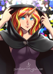 Size: 712x1000 | Tagged: safe, artist:polarityplus, sunset shimmer, human, g4, cloak, clothes, female, horn, horned humanization, humanized, solo