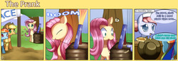 Size: 1400x489 | Tagged: safe, artist:solar-slash, applejack, fluttershy, nurse redheart, rainbow dash, bird, comic:the prank, g4, artifact, comic, fireworks, race