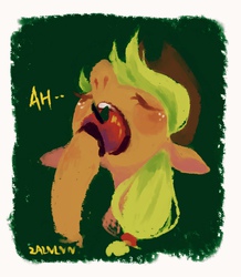 Size: 1784x2048 | Tagged: safe, artist:zaininn, applejack, g4, apple, eating, female, solo