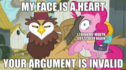 Size: 1920x1075 | Tagged: safe, edit, edited screencap, screencap, gunter, pinkie pie, bird, earth pony, griffon, hybrid, owl, owl griffon, pony, g4, the lost treasure of griffonstone, caption, duo, meme, your argument is invalid