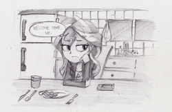Size: 2322x1511 | Tagged: safe, artist:ilacavgbmjc, sunset shimmer, equestria girls, g4, my little pony equestria girls: rainbow rocks, bacon, fanfic art, female, grayscale, kitchen, monochrome, solo, the devil inside, traditional art