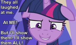 Size: 750x450 | Tagged: safe, screencap, twilight sparkle, alicorn, pony, g4, the lost treasure of griffonstone, caption, female, floppy ears, glare, grin, image macro, mad scientist, meme, smiling, solo, they called me mad, twilight sparkle (alicorn), wide eyes
