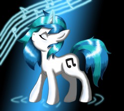 Size: 1280x1146 | Tagged: safe, artist:velocityraptor, dj pon-3, vinyl scratch, g4, eyes closed, female, glowing horn, horn, missing accessory, music notes, no glasses, ripple, simple background, solo