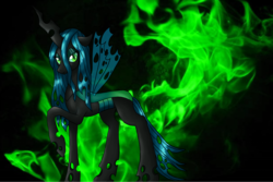 Size: 1000x669 | Tagged: safe, artist:velocityraptor, queen chrysalis, changeling, changeling queen, g4, female, green fire, looking at you, simple background, solo