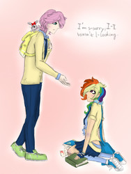 Size: 1200x1600 | Tagged: safe, artist:monnarcha, fluttershy, rainbow dash, human, g4, butterscotch, clothes, converse, dialogue, duo, female, half r63 shipping, humanized, male, rule 63, school uniform, ship:butterdash, shipping, simple background, skirt, straight, sweatershy