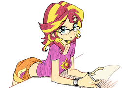 Size: 700x500 | Tagged: dead source, safe, artist:baekgup, sunset shimmer, human, equestria girls, rainbow rocks, :o, ass, backbend, bunset shimmer, butt, clothes, cute, denim shorts, female, glasses, hnnng, humanized, leaning, leaning on table, looking at you, midriff, pen, rearing, sexy, shimmerbetes, shirt, shorts, simple background, solo, sultry pose, t-shirt, watch, white background, wristwatch