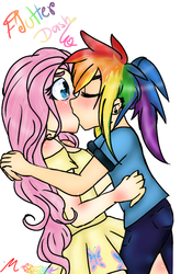 Size: 800x1212 | Tagged: safe, artist:ponyolove88, fluttershy, rainbow dash, human, g4, blushing, clothes, duo, female, humanized, kiss on the lips, kissing, lesbian, ship:flutterdash, shipping, skirt