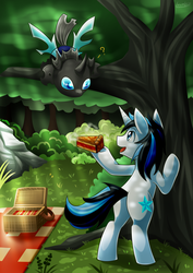 Size: 2000x2827 | Tagged: safe, artist:vavacung, oc, oc only, changeling, pony, unicorn, g4, cute, everfree forest, high res, male, picnic, pie, smiling