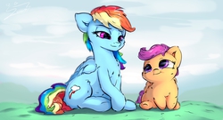 Size: 4266x2310 | Tagged: safe, artist:sverre93, rainbow dash, scootaloo, pegasus, pony, g4, :i, bedroom eyes, cute, cutealoo, female, filly, fluffy, grass, looking at each other, mare, sitting, smiling, sverre is trying to murder us, weapons-grade cute