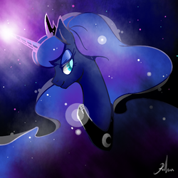 Size: 500x500 | Tagged: safe, artist:renokim, princess luna, alicorn, pony, g4, bust, female, glowing horn, horn, mare, profile, signature, smiling, solo