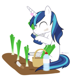 Size: 900x975 | Tagged: safe, artist:dm29, shining armor, pony, unicorn, g4, basket, cute, gardening, heart, herbivore, leek, male, scallion, shining adorable, simple background, smiling, solo, stallion, transparent background, water bottle