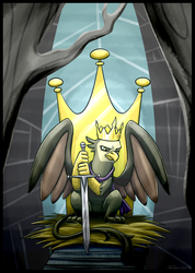 Size: 642x900 | Tagged: safe, artist:taritoons, king grover, griffon, g4, the lost treasure of griffonstone, crossover, crown, crown of grover, game of thrones, jewelry, male, nest, regalia, sitting, solo, sword, throne